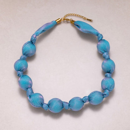 Stainless Steel Pastel Color Shimmer Satin Fabric Wrapped Bead 17 Inch Handmade Scarf Necklace w. Extender | WA-04401 - WA-04403