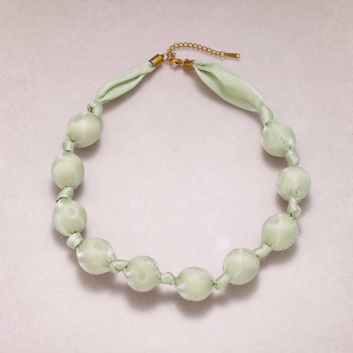 Stainless Steel Pastel Color Shimmer Satin Fabric Wrapped Bead 17 Inch Handmade Scarf Necklace w. Extender | WA-04401 - WA-04403