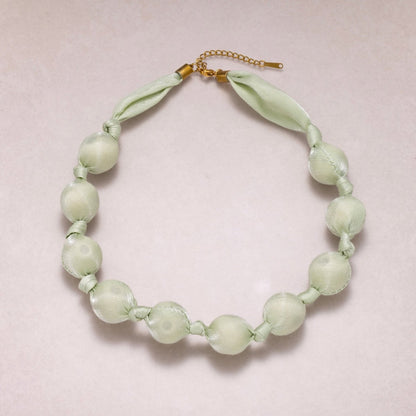 Stainless Steel Pastel Color Shimmer Satin Fabric Wrapped Bead 17 Inch Handmade Scarf Necklace w. Extender | WA-04401 - WA-04403