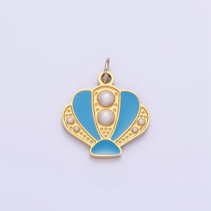 Stainless Steel Pearl Blue Sea Clam Shell Enamel Charm | P1015