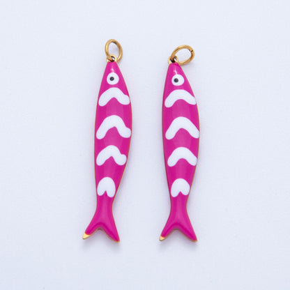 Stainless Steel Pink, Blue White-Lined Fish Sea 3D Multidimensional Charm | AF391 AF392