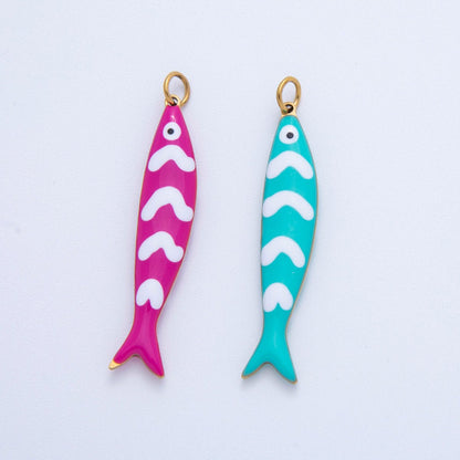 Stainless Steel Pink, Blue White-Lined Fish Sea 3D Multidimensional Charm | AF391 AF392