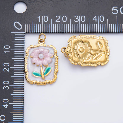 Stainless Steel Pink Daisy Flower Enamel Geometric Tag Rectangular Charm | C095