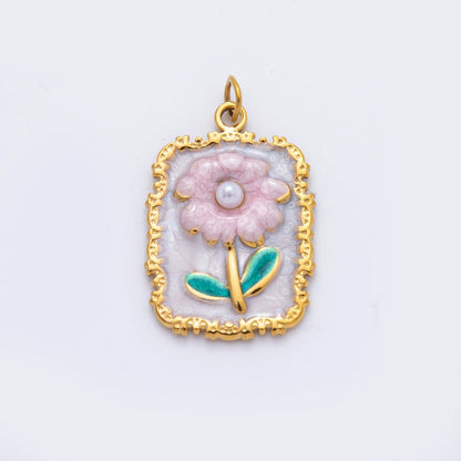 Stainless Steel Pink Daisy Flower Enamel Geometric Tag Rectangular Charm | C095