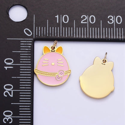 Stainless Steel Pink Fortune Coin Cat Enamel Charm | P1012