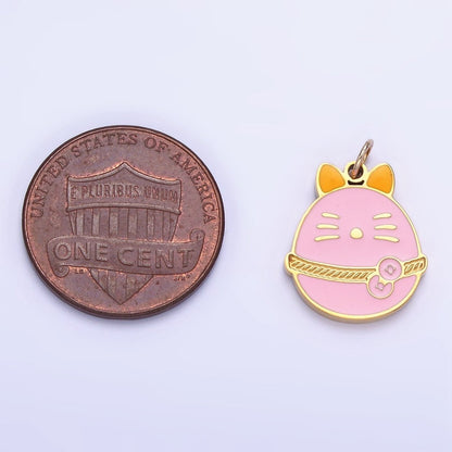 Stainless Steel Pink Fortune Coin Cat Enamel Charm | P1012