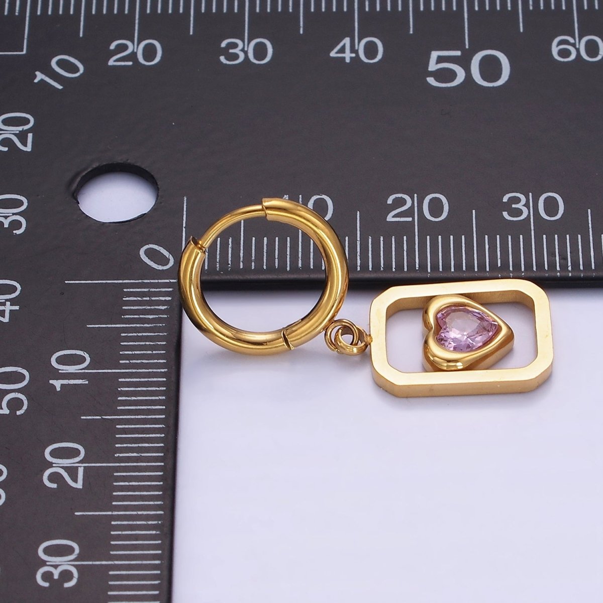 Stainless Steel Pink Heart CZ Open Tag Drop Huggie Earrings | AE459