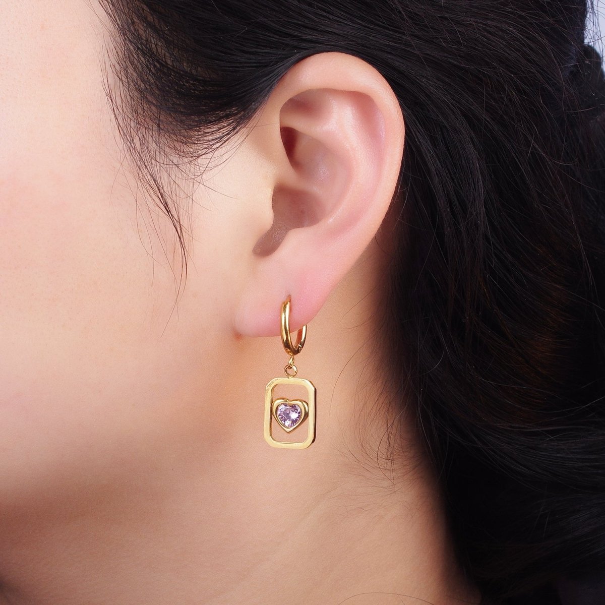 Stainless Steel Pink Heart CZ Open Tag Drop Huggie Earrings | AE459