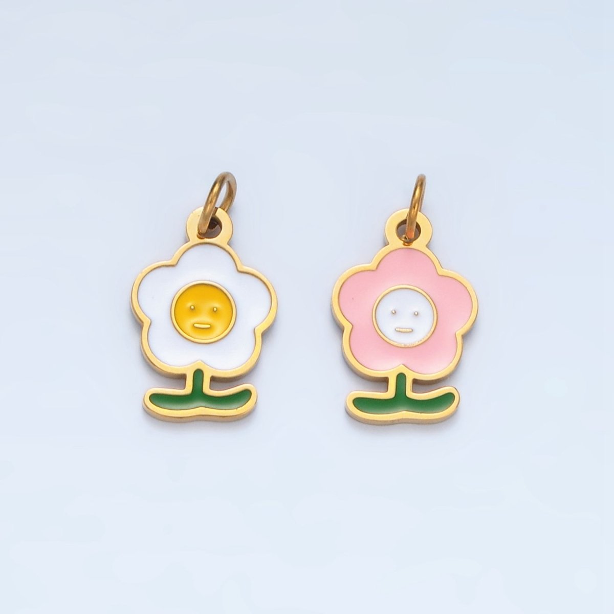Stainless Steel Pink, White Smiley Face Daisy Flower Charm | P676