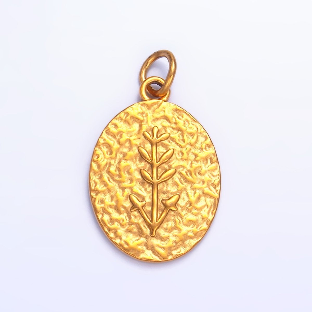Stainless Steel Plant Tree Stamped Hammered Oval Charm | P627