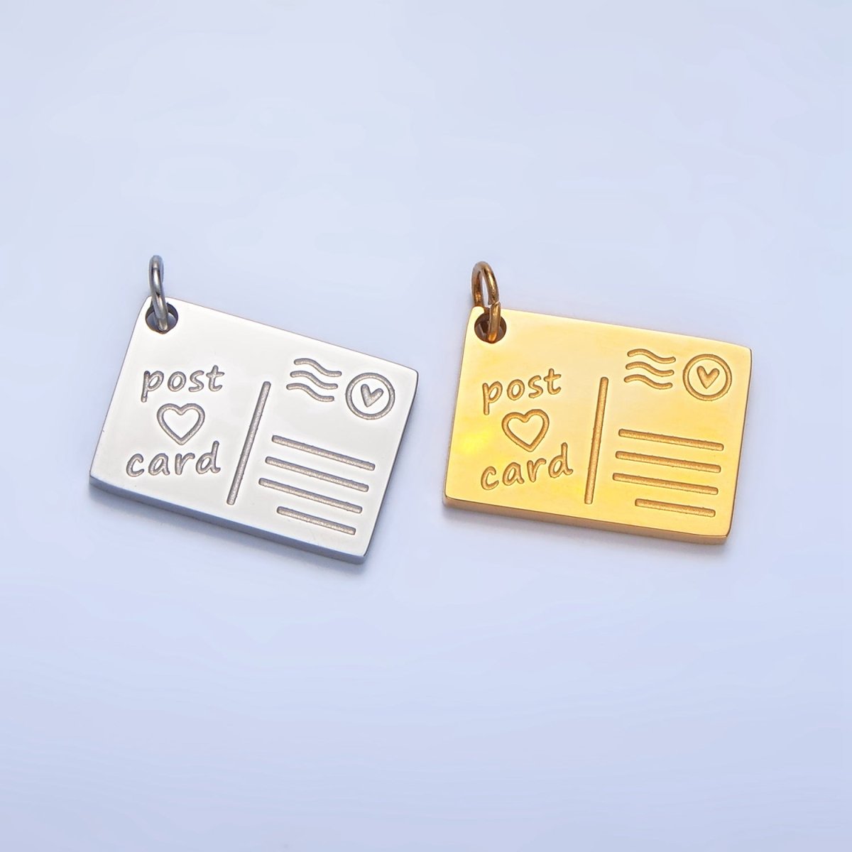Stainless Steel 18mm "Post Card" Heart Script Engraved Charm in Gold &amp; Silver | P1262