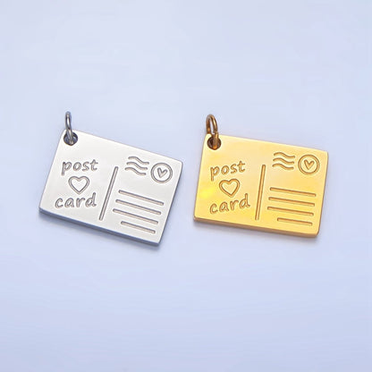 Stainless Steel 18mm "Post Card" Heart Script Engraved Charm in Gold &amp; Silver | P1262