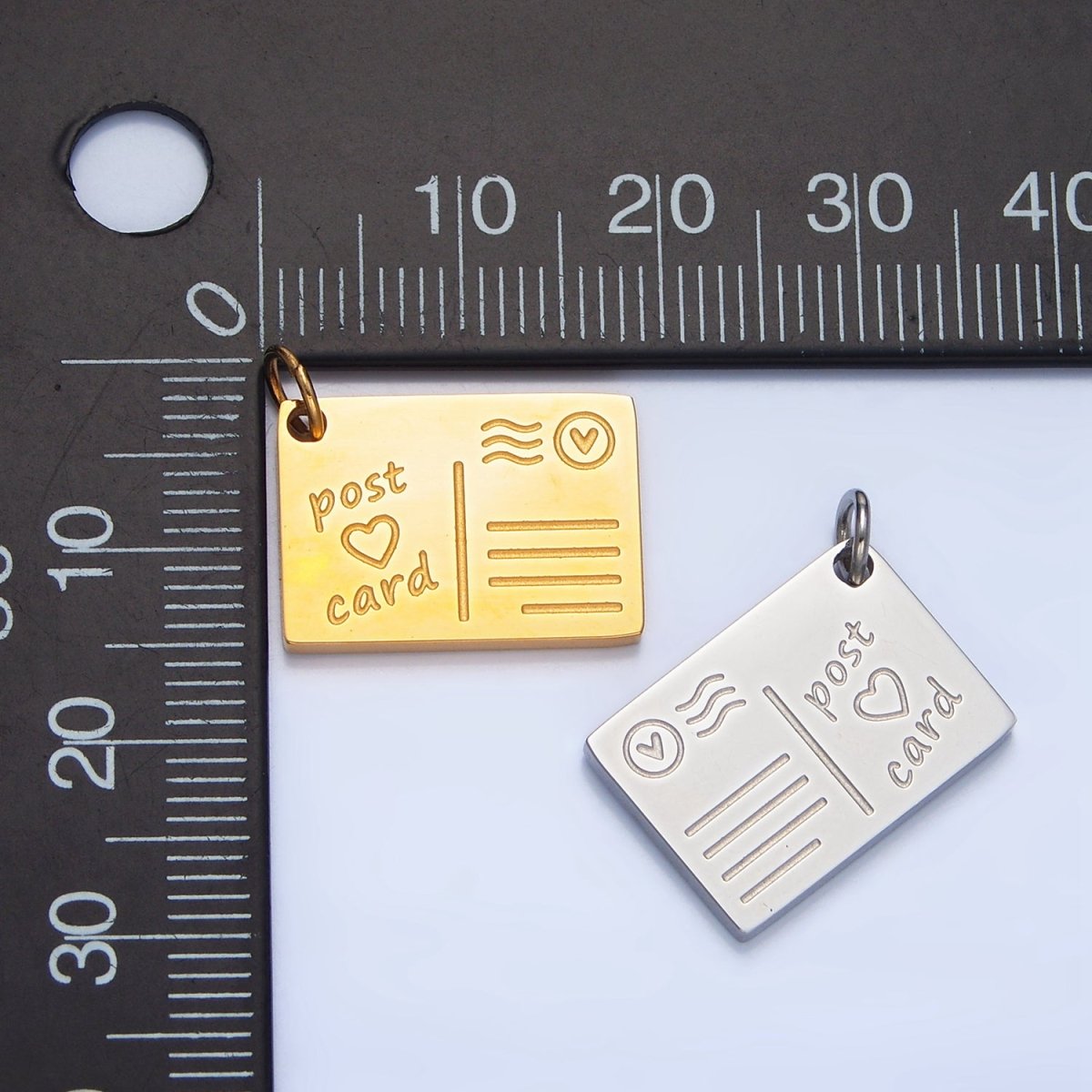 Stainless Steel 18mm "Post Card" Heart Script Engraved Charm in Gold &amp; Silver | P1262