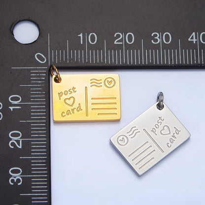 Stainless Steel 18mm "Post Card" Heart Script Engraved Charm in Gold &amp; Silver | P1262
