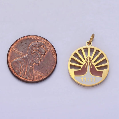 Stainless Steel Praying Hands Numerology 11:11 Sun Beam Round Charm in Silver &amp; Gold | P-920