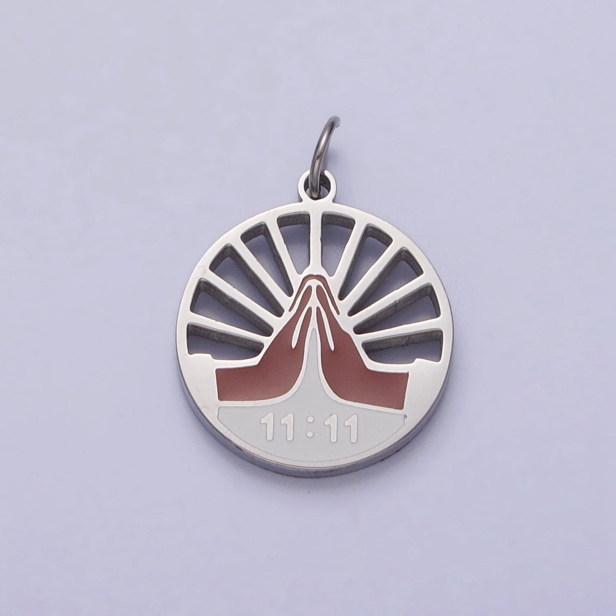 Stainless Steel Praying Hands Numerology 11:11 Sun Beam Round Charm in Silver &amp; Gold | P-920