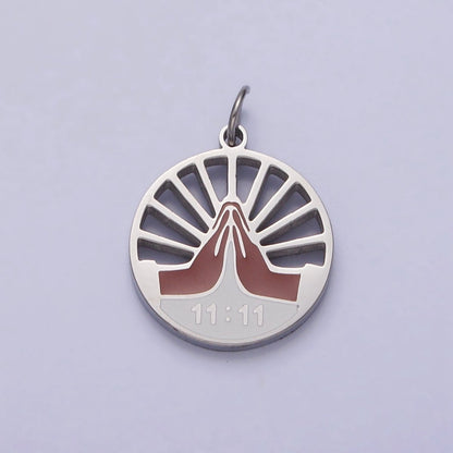 Stainless Steel Praying Hands Numerology 11:11 Sun Beam Round Charm in Silver &amp; Gold | P-920
