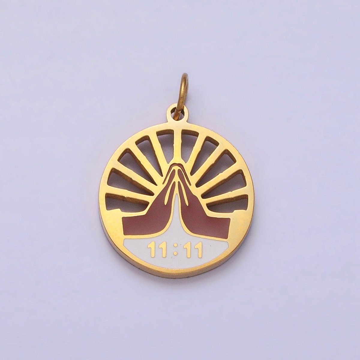 Stainless Steel Praying Hands Numerology 11:11 Sun Beam Round Charm in Silver &amp; Gold | P-920