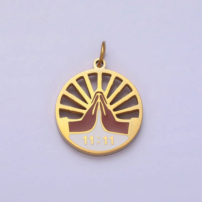 Stainless Steel Praying Hands Numerology 11:11 Sun Beam Round Charm in Silver &amp; Gold | P-920