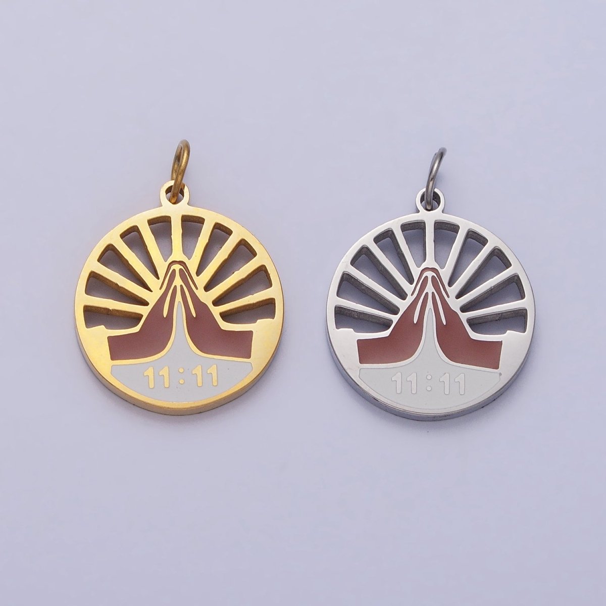 Stainless Steel Praying Hands Numerology 11:11 Sun Beam Round Charm in Silver &amp; Gold | P-920