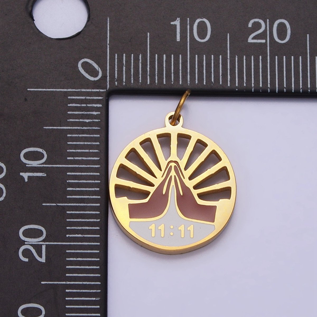 Stainless Steel Praying Hands Numerology 11:11 Sun Beam Round Charm in Silver &amp; Gold | P-920