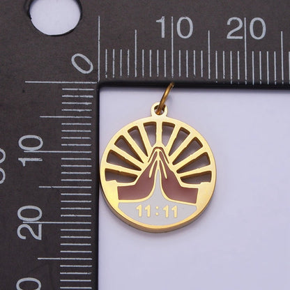 Stainless Steel Praying Hands Numerology 11:11 Sun Beam Round Charm in Silver &amp; Gold | P-920
