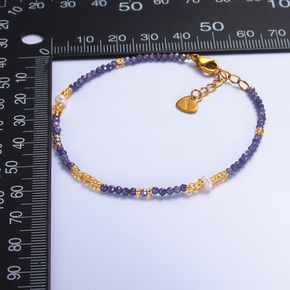 Stainless Steel Purple Amethyst Crystal Gemstone Bead 7 Inch Bracelet | WA-3116