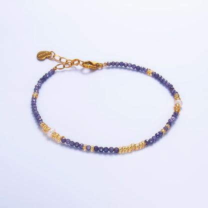 Stainless Steel Purple Amethyst Crystal Gemstone Bead 7 Inch Bracelet | WA-3116
