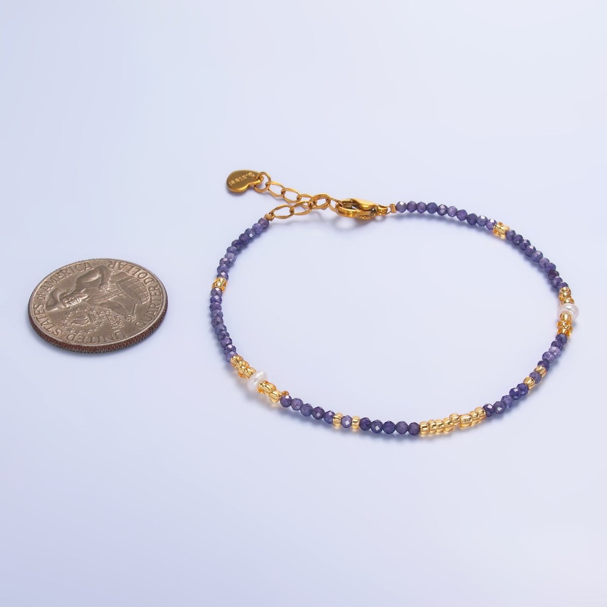 Stainless Steel Purple Amethyst Crystal Gemstone Bead 7 Inch Bracelet | WA-3116