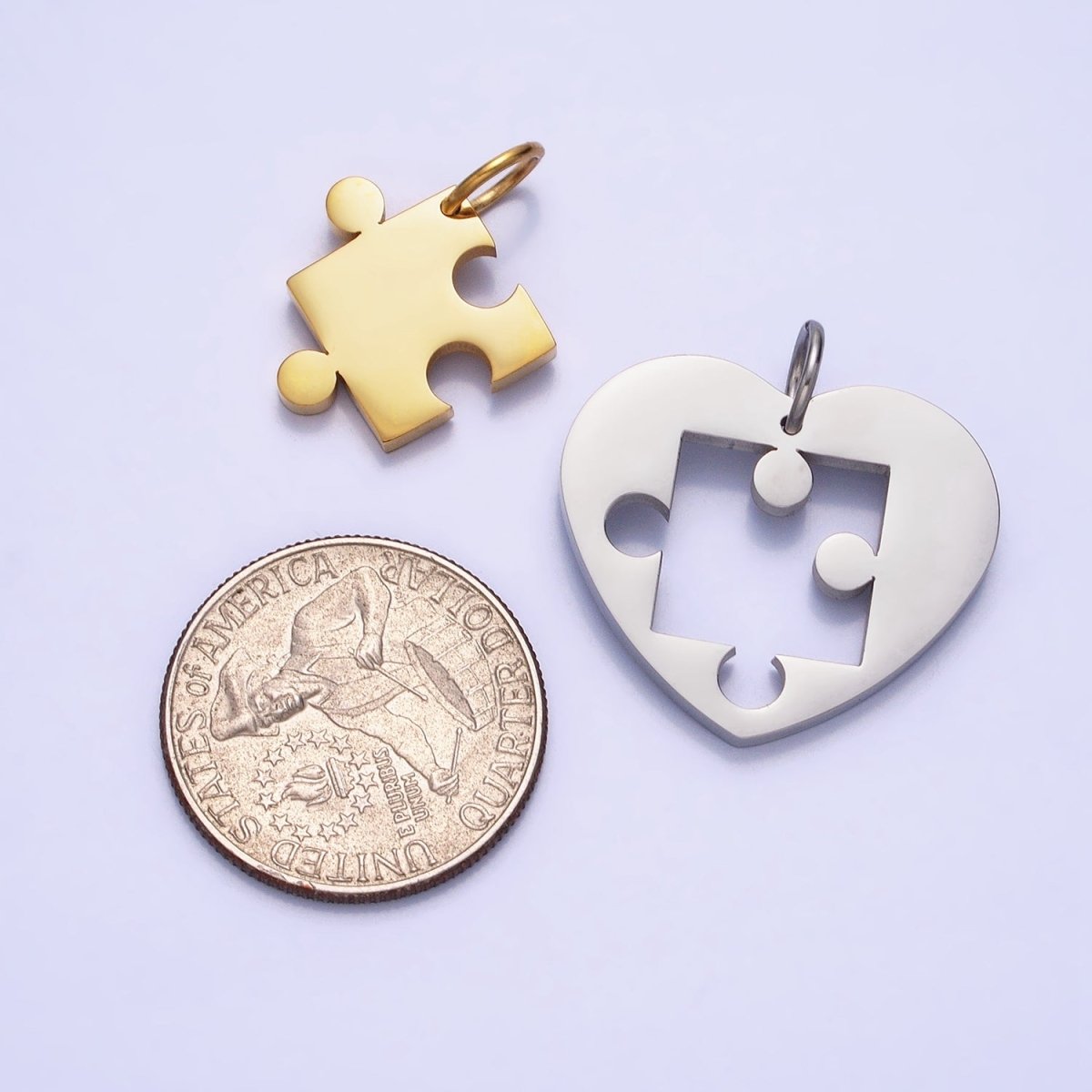Stainless Steel Puzzle Heart Charm Set in Mixed Metal &amp; Silver | P-927 P-928