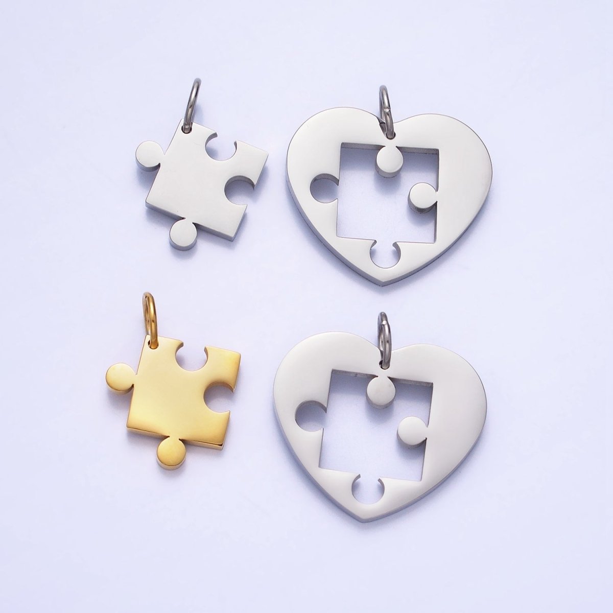 Stainless Steel Puzzle Heart Charm Set in Mixed Metal &amp; Silver | P-927 P-928