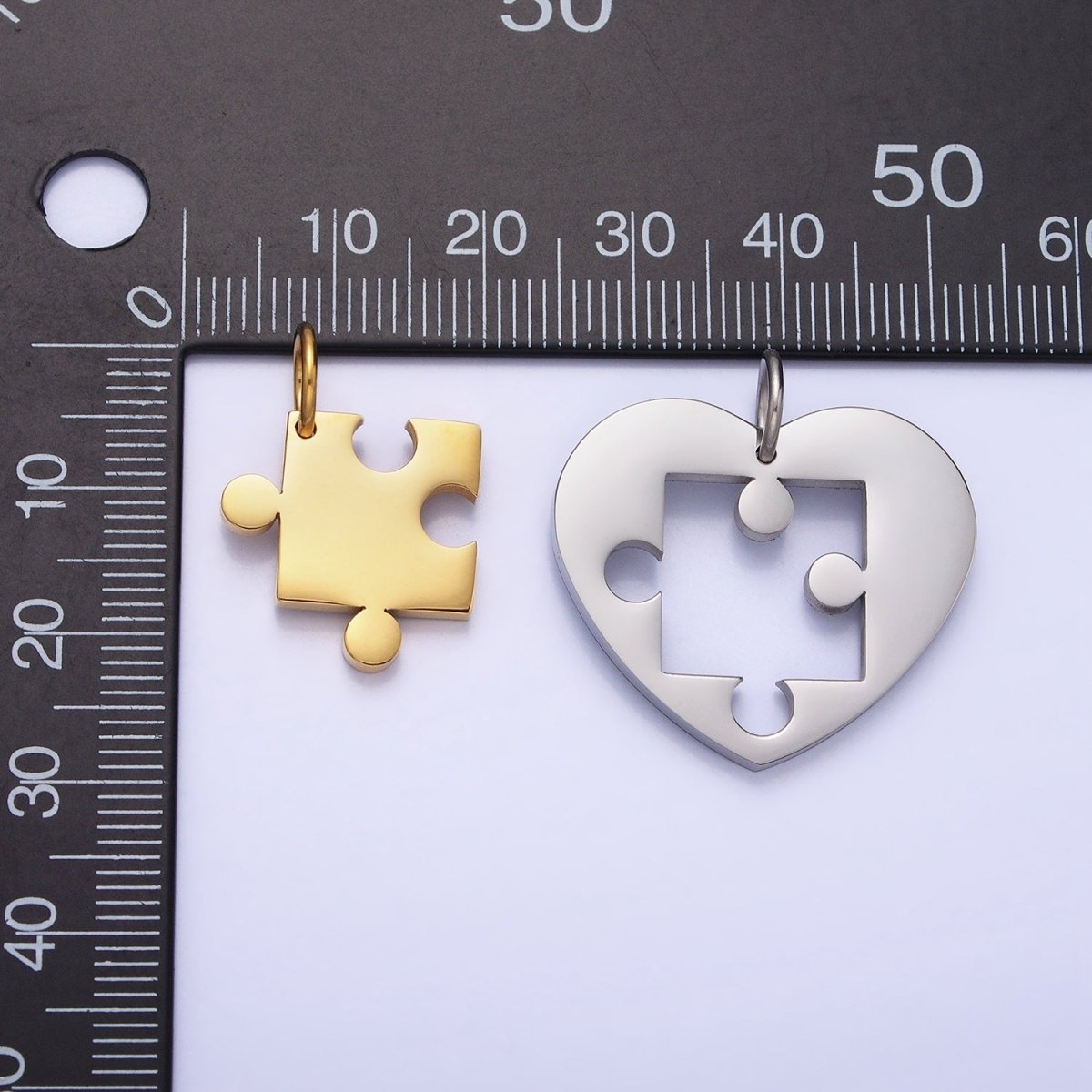 Stainless Steel Puzzle Heart Charm Set in Mixed Metal &amp; Silver | P-927 P-928