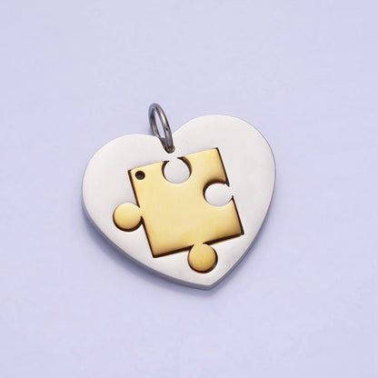 Stainless Steel Puzzle Heart Charm Set in Mixed Metal &amp; Silver | P-927 P-928