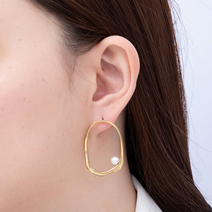 Stainless Steel PVD Gold 40mm Shell Pearl Edged Geometric Open Rectangle Stud | Earrings-00729