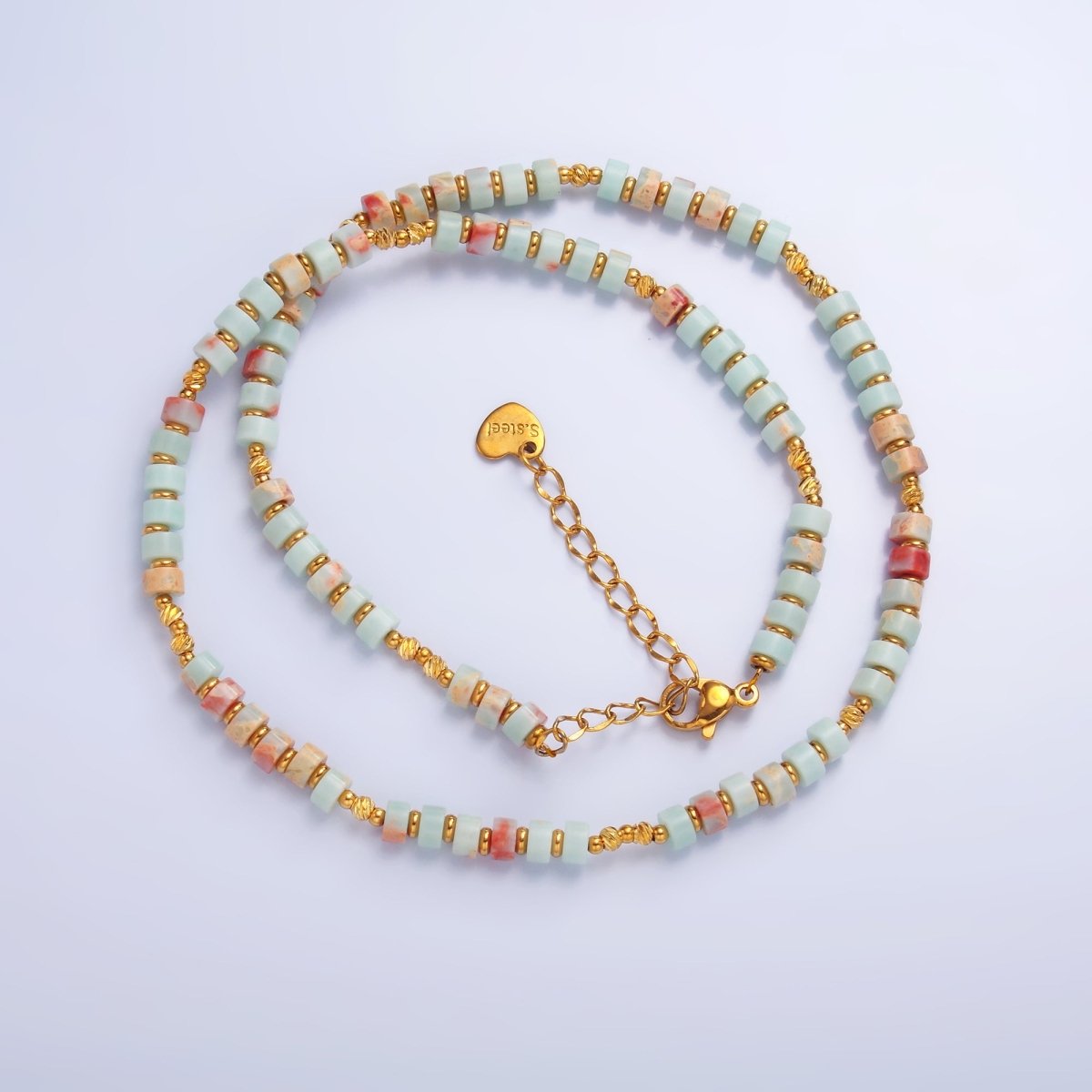 Stainless Steel Red Blue Amazonite Natural Gemstone Bead 16 Inch Choker Necklace | WA-3112