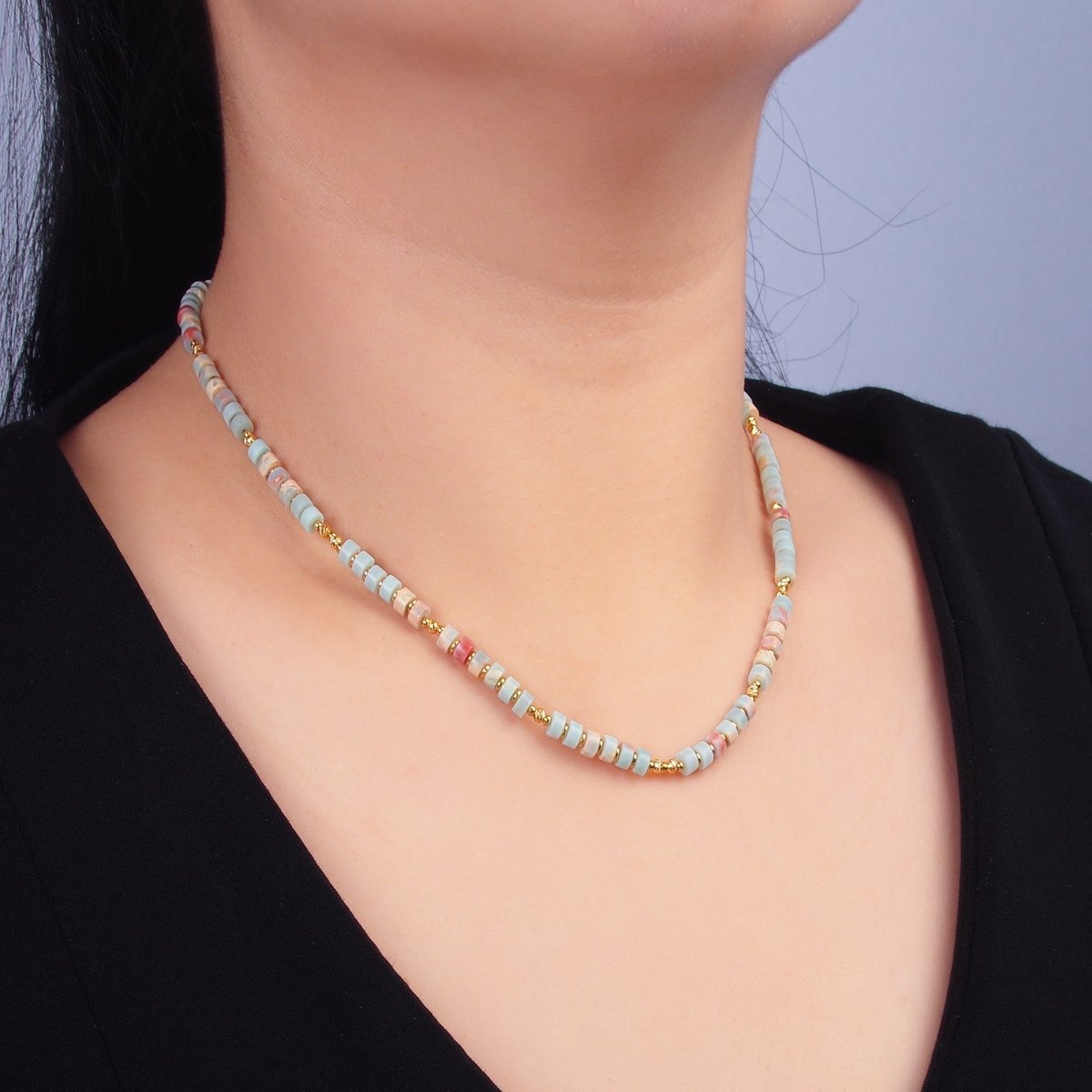 Stainless Steel Red Blue Amazonite Natural Gemstone Bead 16 Inch Choker Necklace | WA-3112