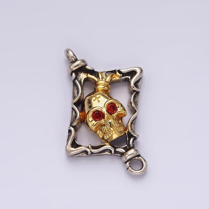 Stainless Steel Red CZ Skull Skeleton Open Abstract Rhombus Mixed Metal Connector | P-673