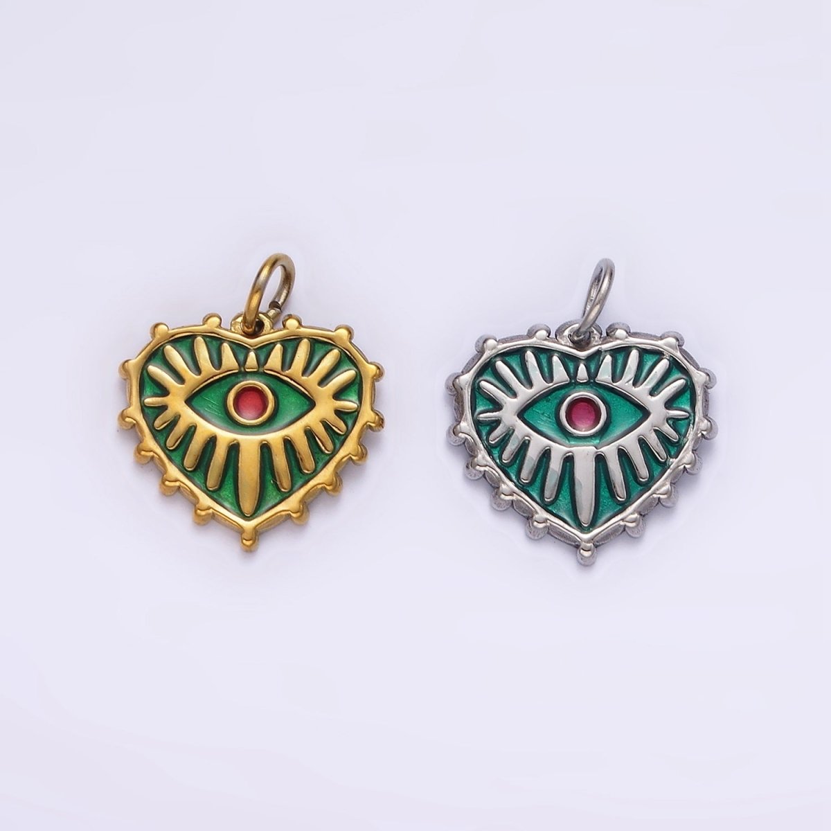 Stainless Steel Red Evil Eye Splatter Heart Dotted Outline Charm in Gold &amp; Silver | P1277