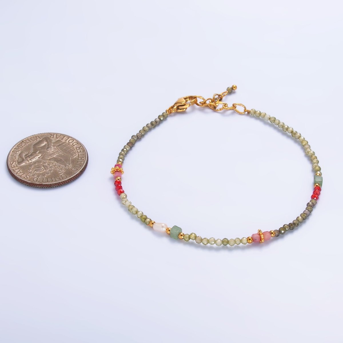 Stainless Steel Red-Pink Green Multifaceted Crystal Gemstone 7 Inch Bracelet | WA-3134