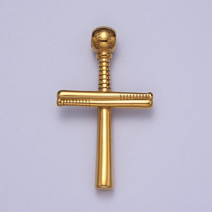 Stainless Steel Religious Cross Baseball-Themed Ball Bat Pendant in Gold &amp; Silver J-377 J-384