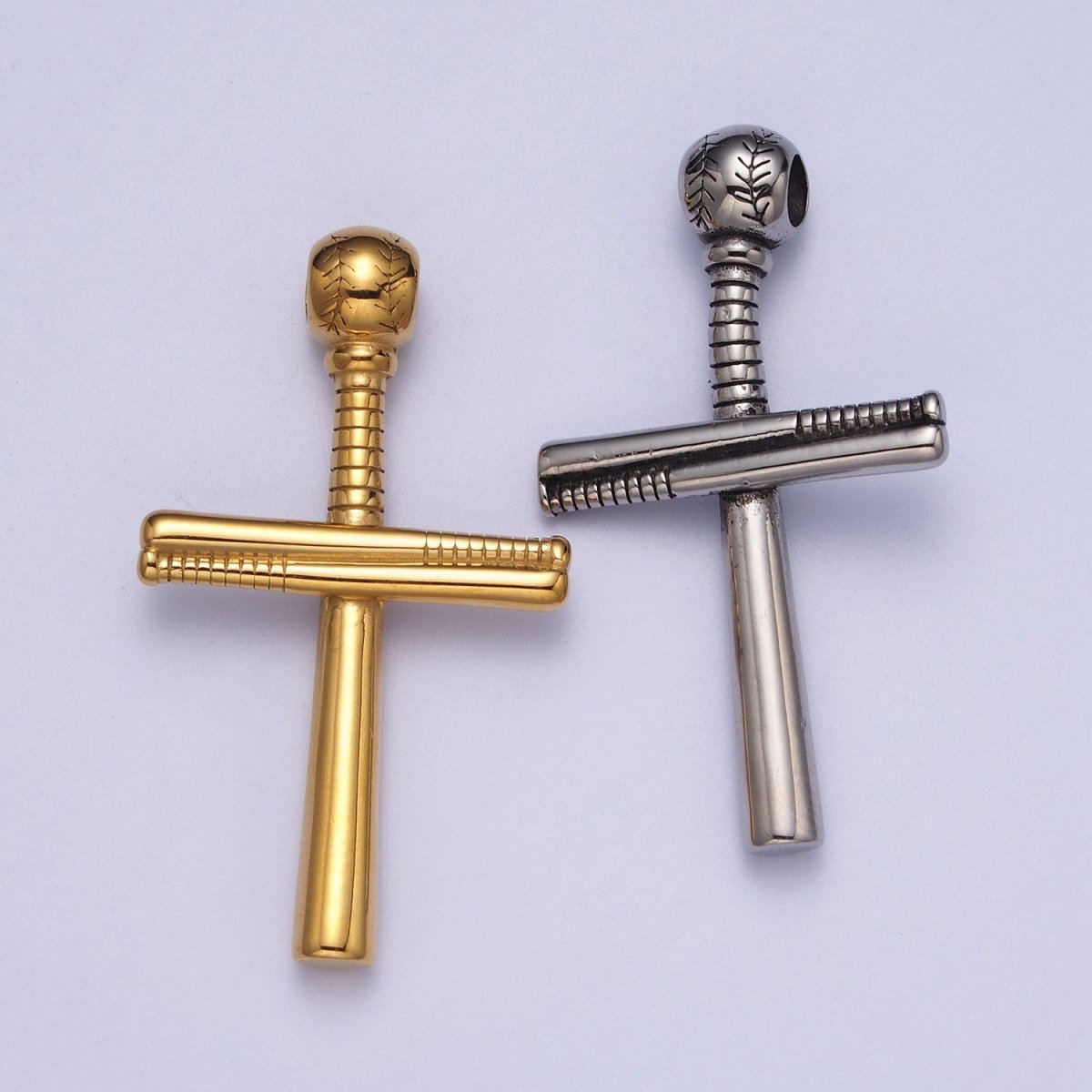 Stainless Steel Religious Cross Baseball-Themed Ball Bat Pendant in Gold &amp; Silver J-377 J-384