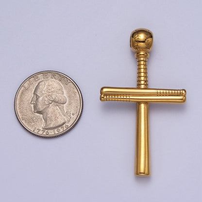 Stainless Steel Religious Cross Baseball-Themed Ball Bat Pendant in Gold &amp; Silver J-377 J-384
