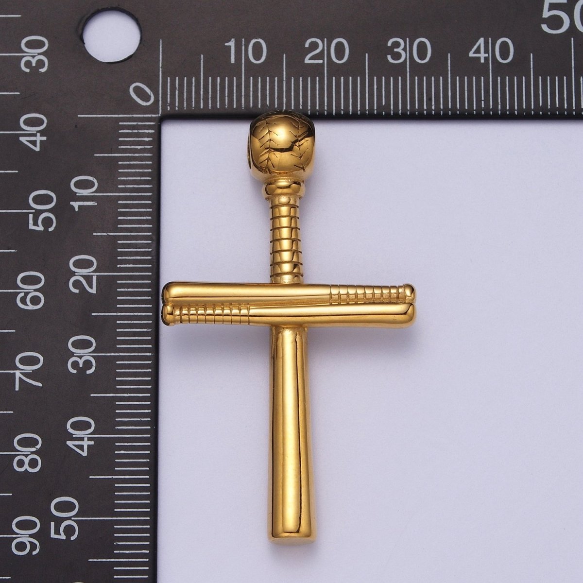 Stainless Steel Religious Cross Baseball-Themed Ball Bat Pendant in Gold &amp; Silver J-377 J-384
