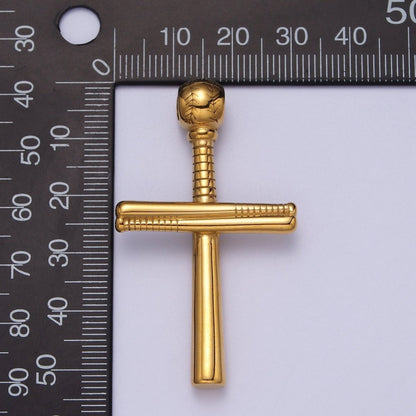 Stainless Steel Religious Cross Baseball-Themed Ball Bat Pendant in Gold &amp; Silver J-377 J-384
