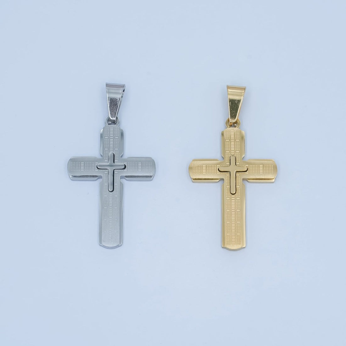 Stainless Steel 35mm Religious Cross Line-Textured Pendant in Gold &amp; Silver | P1171