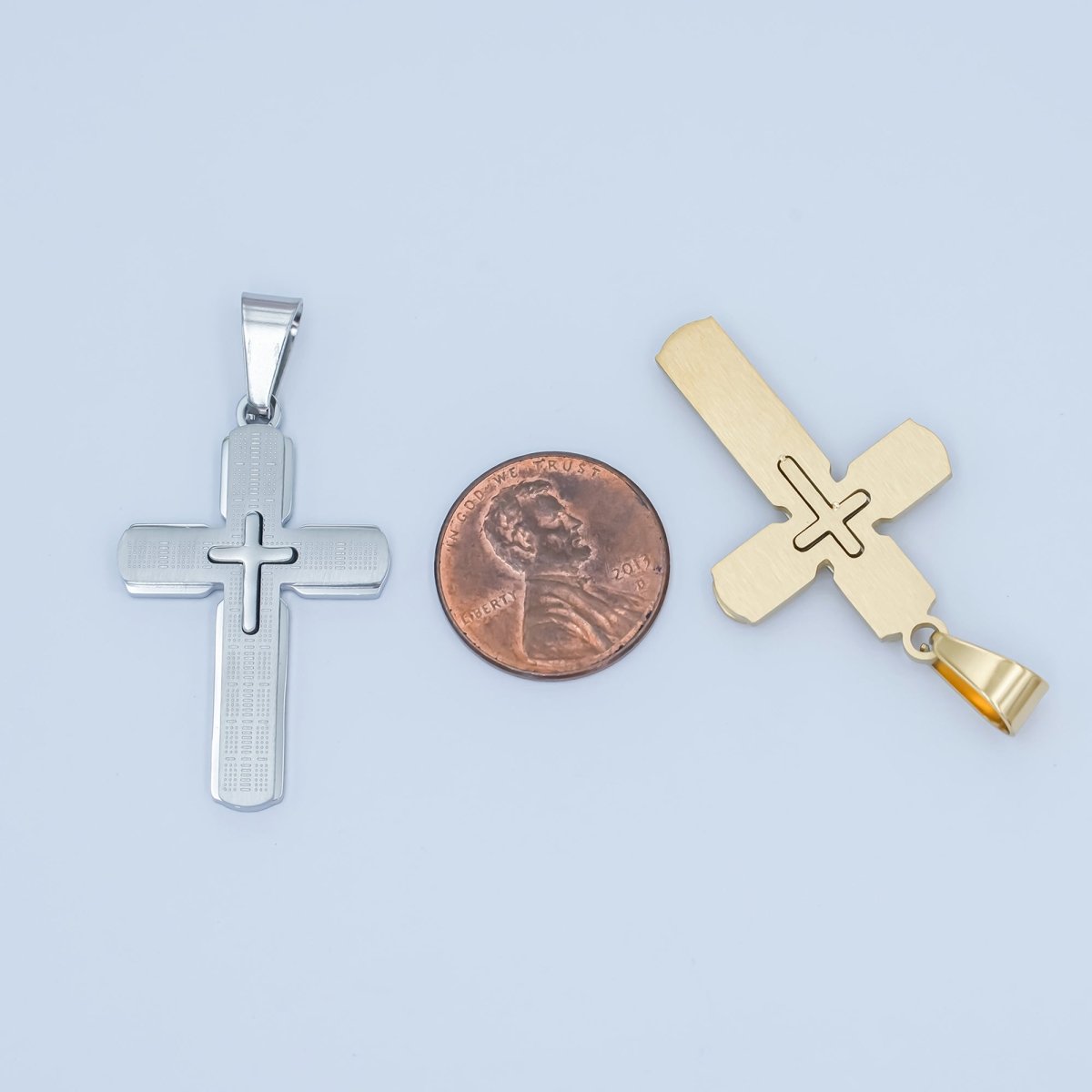 Stainless Steel 35mm Religious Cross Line-Textured Pendant in Gold &amp; Silver | P1171