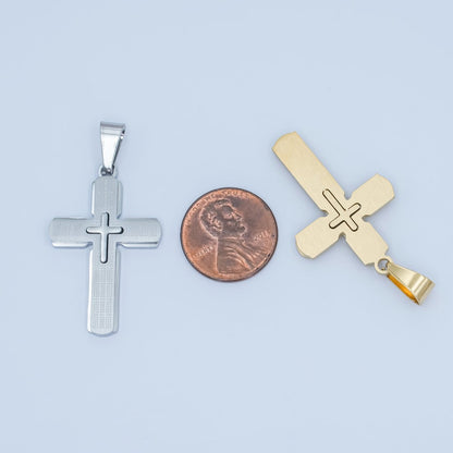 Stainless Steel 35mm Religious Cross Line-Textured Pendant in Gold &amp; Silver | P1171