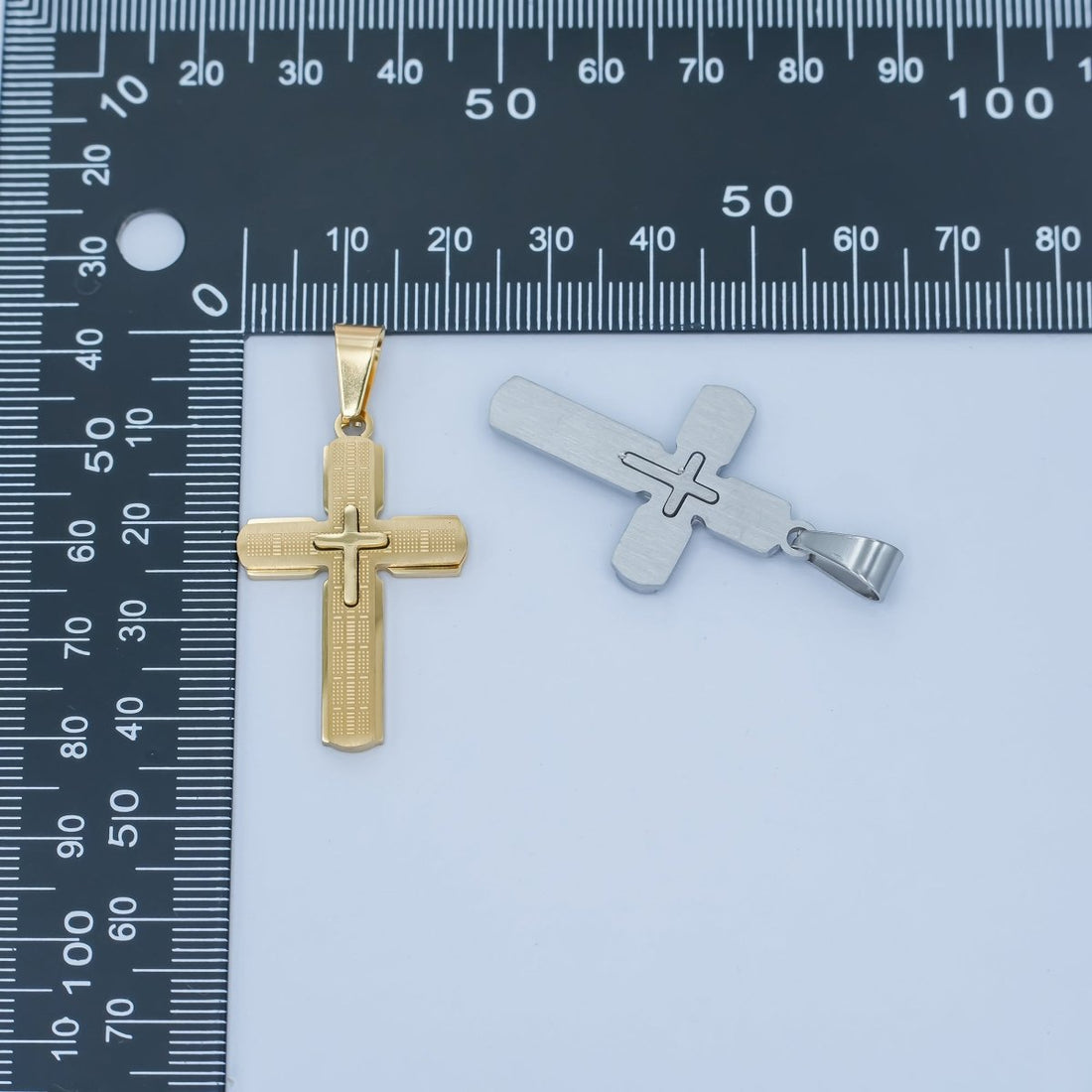 Stainless Steel 35mm Religious Cross Line-Textured Pendant in Gold &amp; Silver | P1171