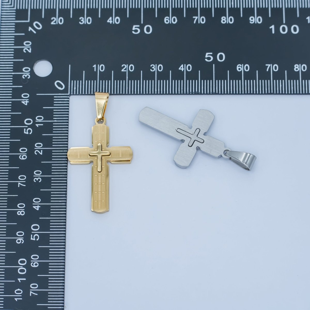 Stainless Steel 35mm Religious Cross Line-Textured Pendant in Gold &amp; Silver | P1171