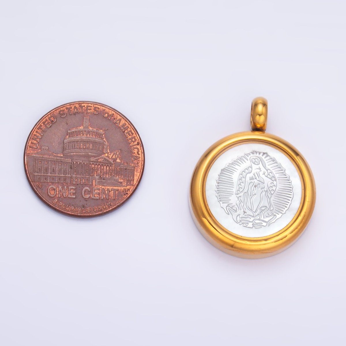 Stainless Steel Religious Mother Mary Shell Pearl Round Pendant | P833